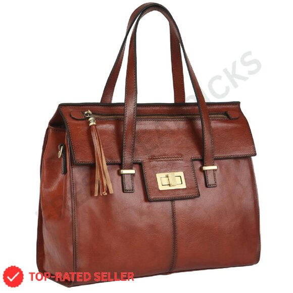 Vintage Full Grain Italian Leather Satchel Handbag Elegant Tassel Twist Lock